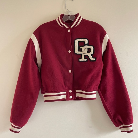 HM Appliquéd Baseball Girls Jacket sz 18 Varsity Preppy Red Snap Coat